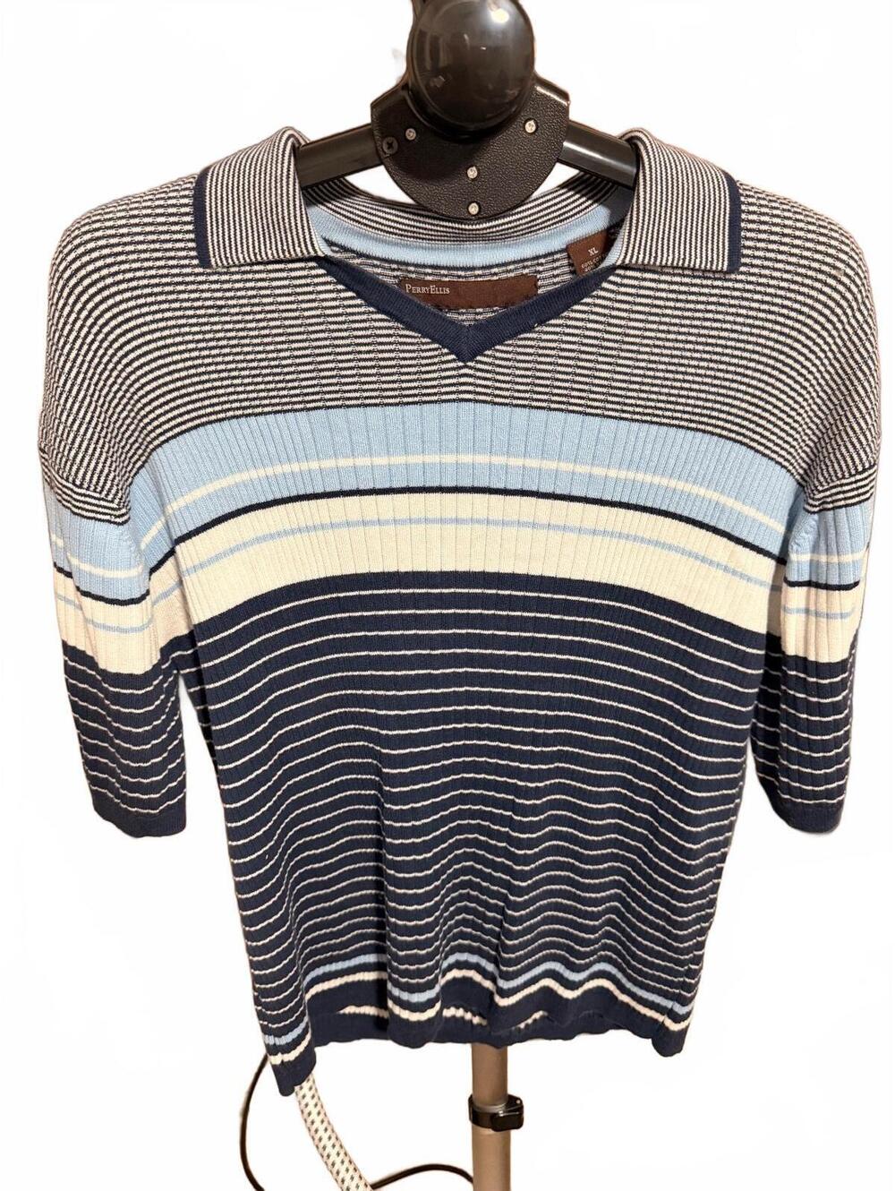 Perry Ellis Men's XL Striped Pullover Sweater Blue Navy